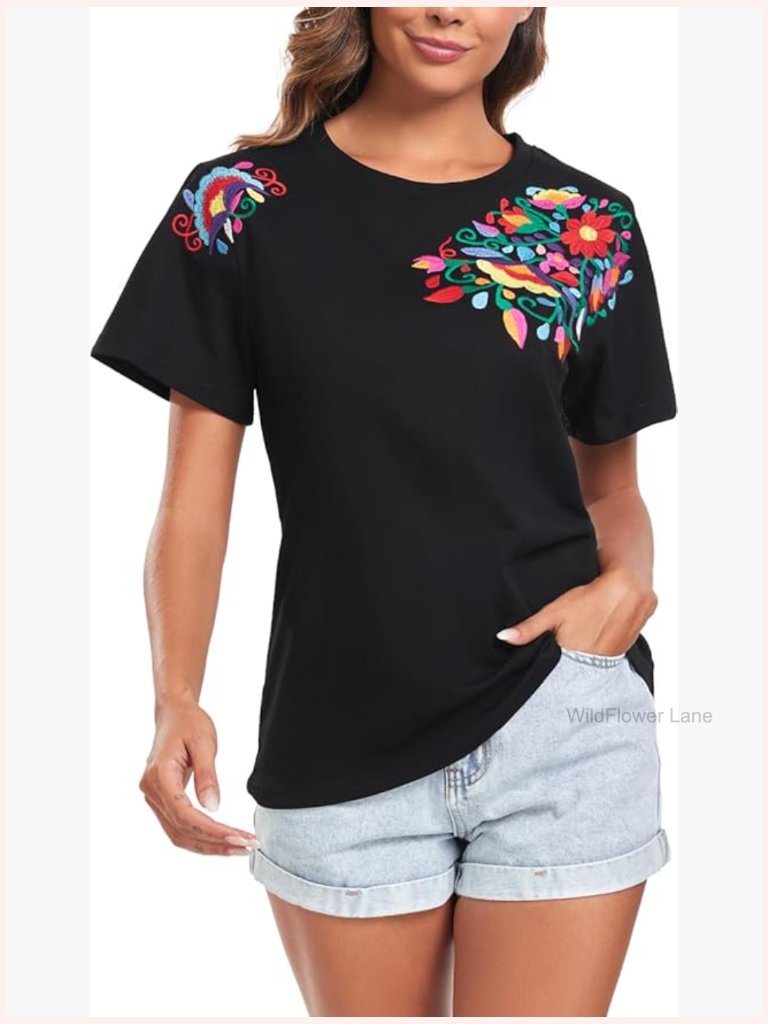 Traditional Embroidered Floral Tunic Top Short Sleeve Bohemian Blouse